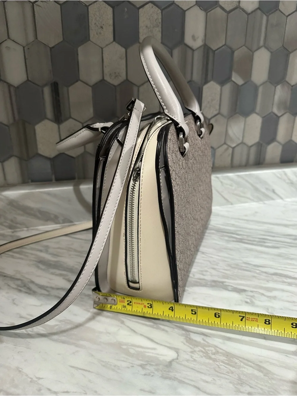Calvin Klein Taupe/Beige Monogram Satchel with Adjustable Strap